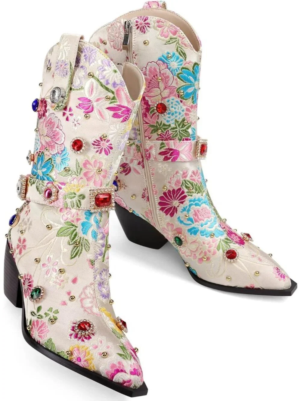Women's White Western Floral Embroidery Rhinestone Sparkly Cowgirl Mid Calf Boot